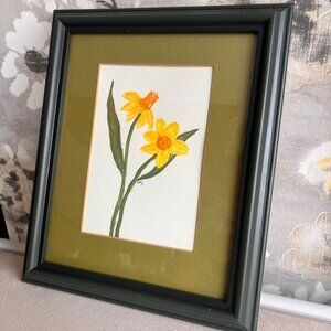 Vintage Wooden Frame with Original Watercolour Painting | Spring Daffodils